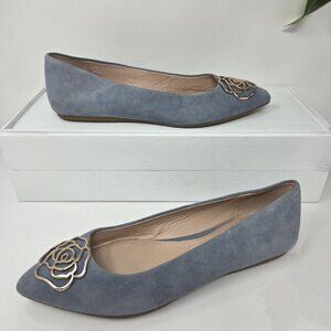 Taryn Rose Fiona Pointed Toe Suede Flats 38 / 8 Gray Blue Coastal Preppy Casual
